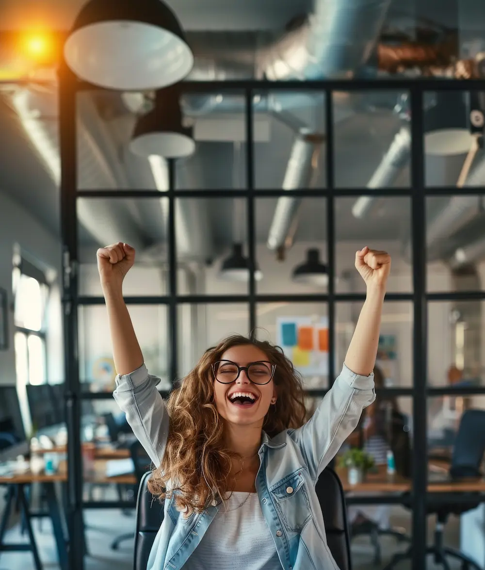 young-woman-celebrates-success-with-joyous-victory-gesture-startup-office-environment-generative-ai